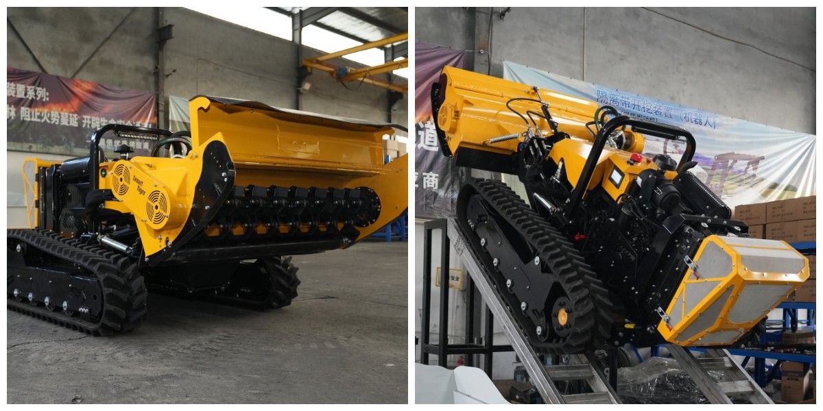 Remote-controlled lawnmower for clearing shrubs on slopes